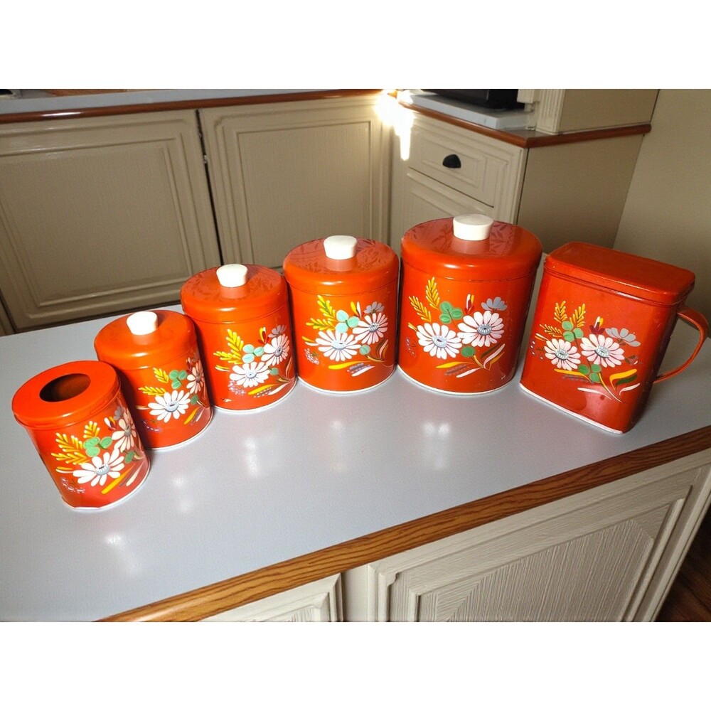 Vintage Ransburg Metal Canister Set & Pitcher 6 Pc 1950s Mid Century Cottagecore